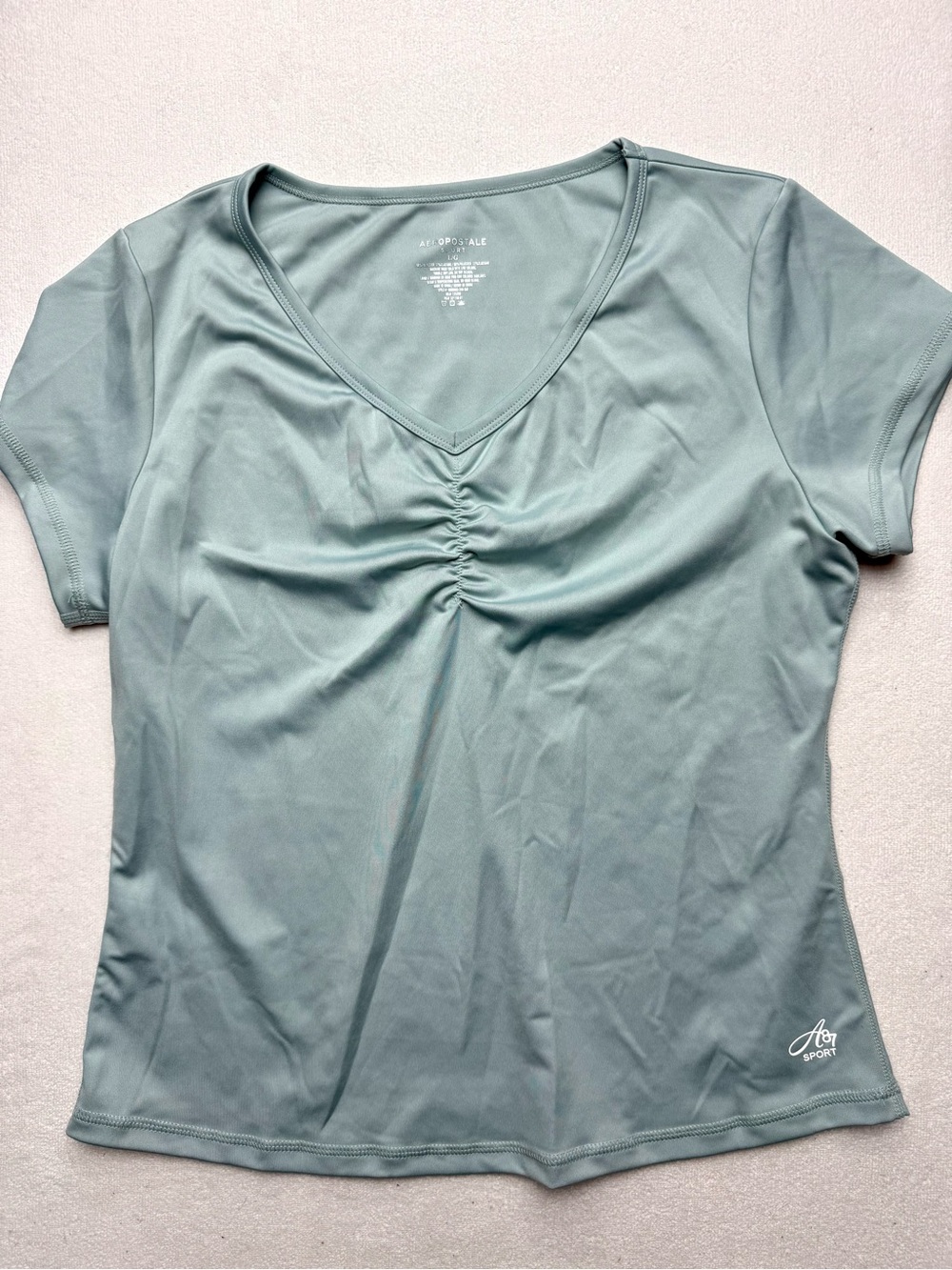 Aeropostale Aeri Sport Sage Green V-Neck Ruched Active Tee